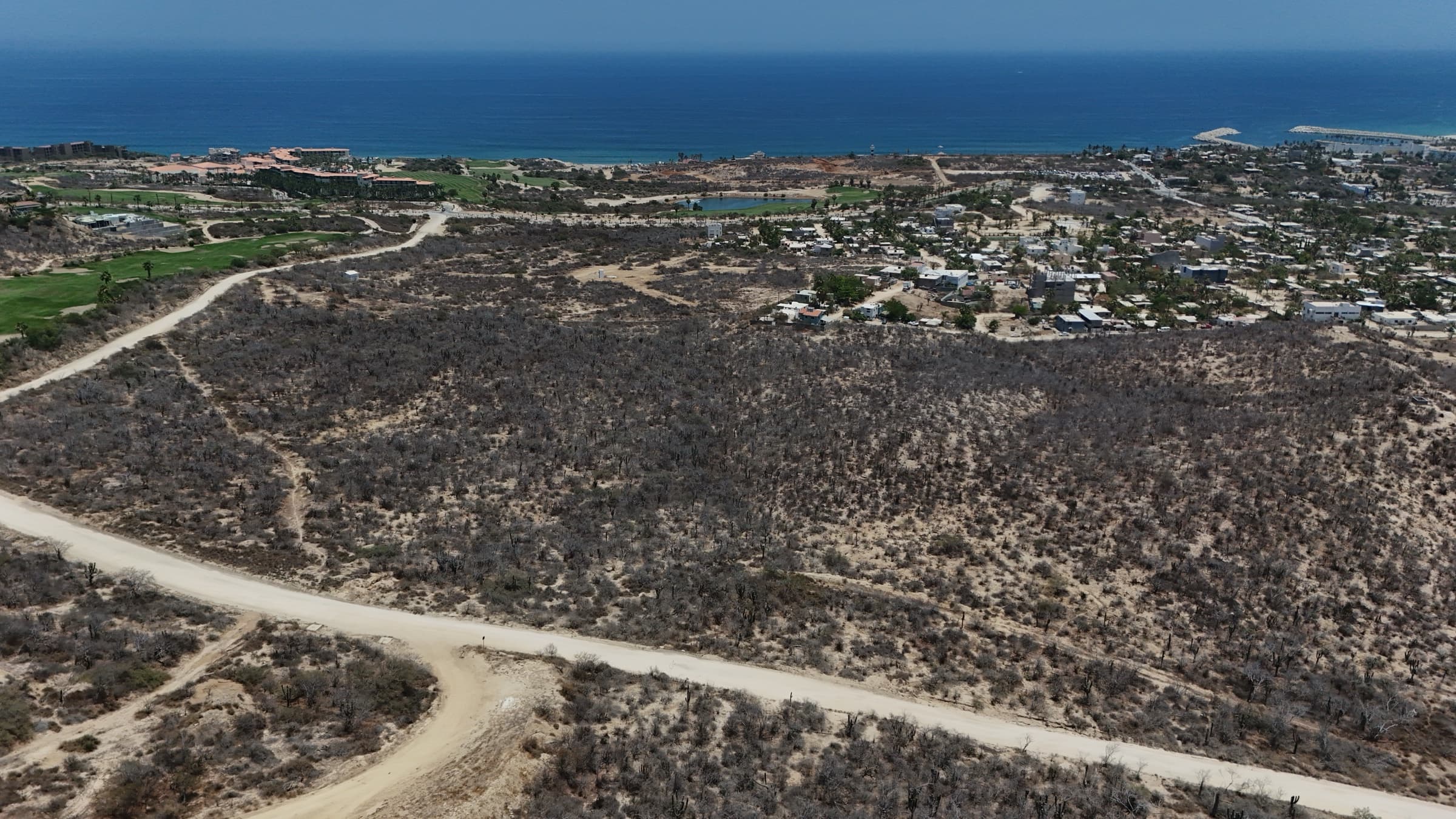Elevated aerial showing the Vitality Grove site, undeveloped scrubland with dirt roads, the resort town, and ocean beyond