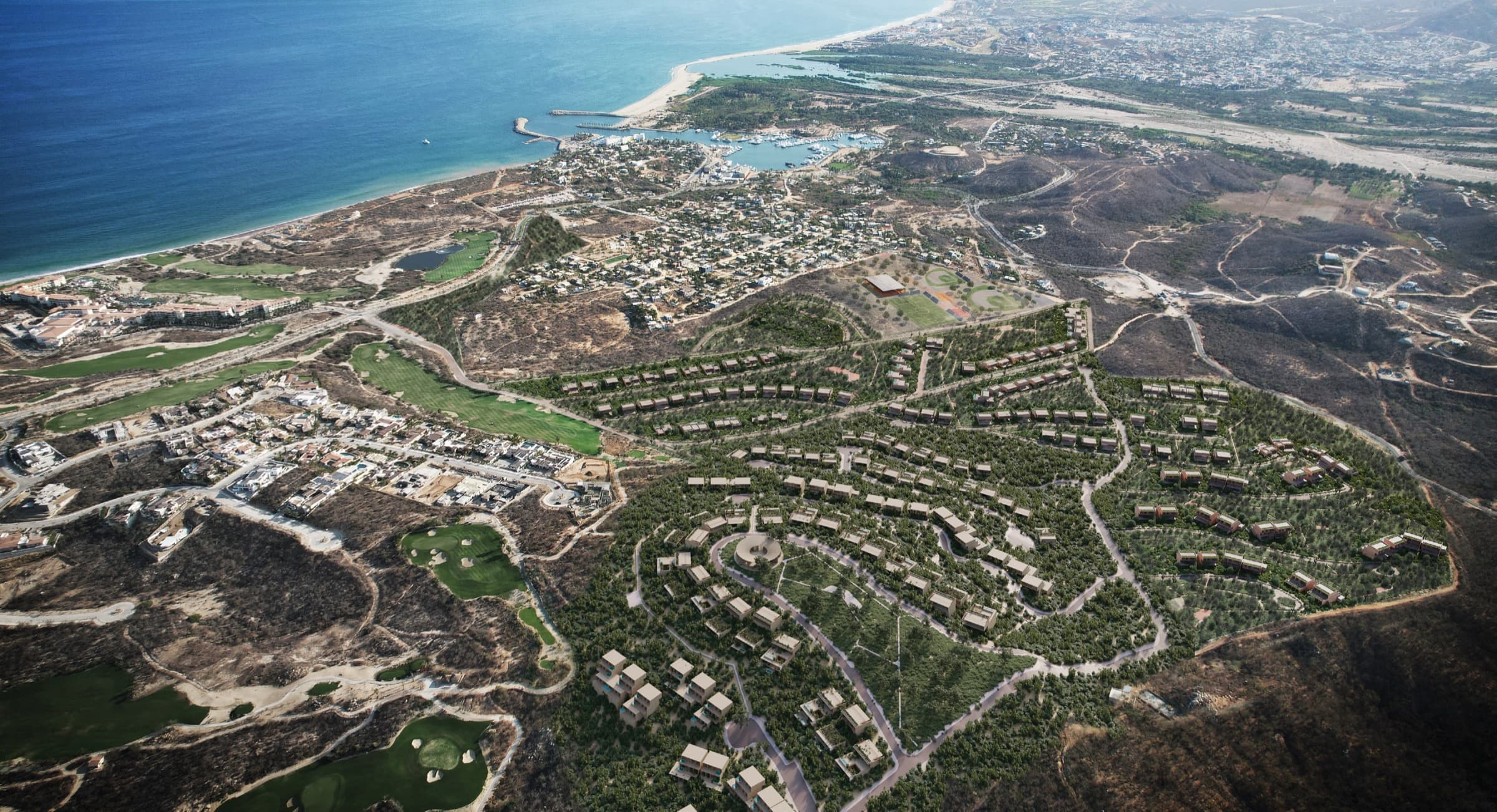 Concepción Alta masterplan rendering by Kundavi showing the broader Puerto Los Cabos community within which Vitality Grove is sited
